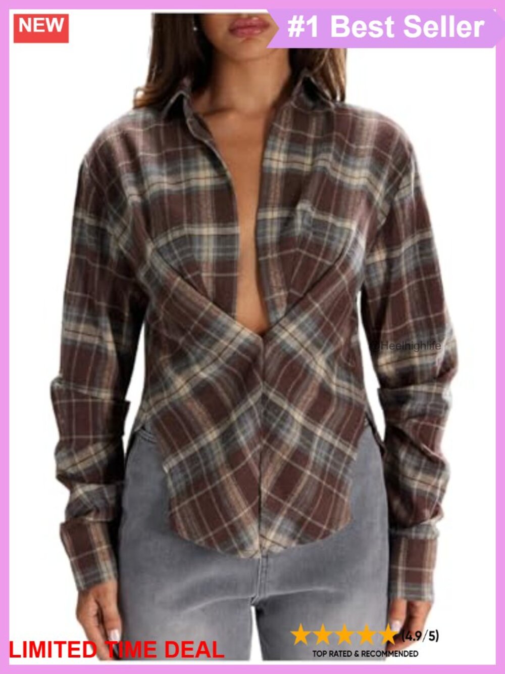 Plaid Flannel Button Up Shirt Cinched Waist Crop Top
